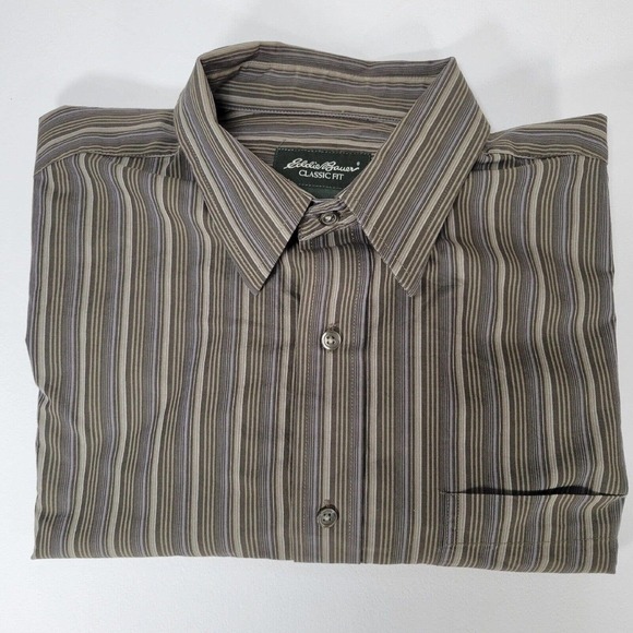 Eddie Bauer Classic Fit Button Up Shirt Mens L Gray Striped Long Sleeve Cotton - Picture 9 of 10